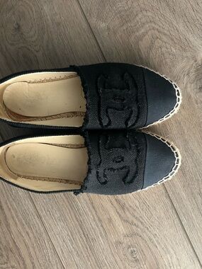 CHANEL Black Canvas Espadrille Flats with Logo Detail